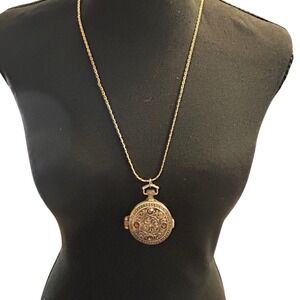 Monet Gold Tone Locket Necklace Vintage Style Ornate Pendant Long Chain